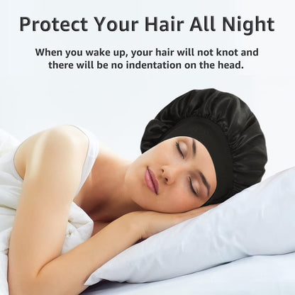 6 Pack Satin Bonnet Hair Bonnet for Sleeping, Sleep Bonnets for Women Large Wide Soft Band Sleep Cap for Curly Hair Braids, Black
