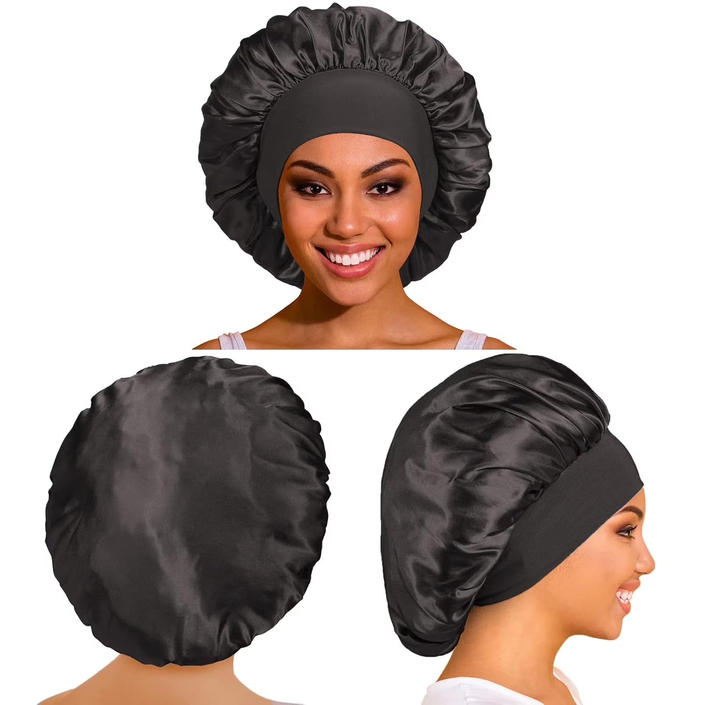 6 Pack Satin Bonnet Hair Bonnet for Sleeping, Sleep Bonnets for Women Large Wide Soft Band Sleep Cap for Curly Hair Braids, Black