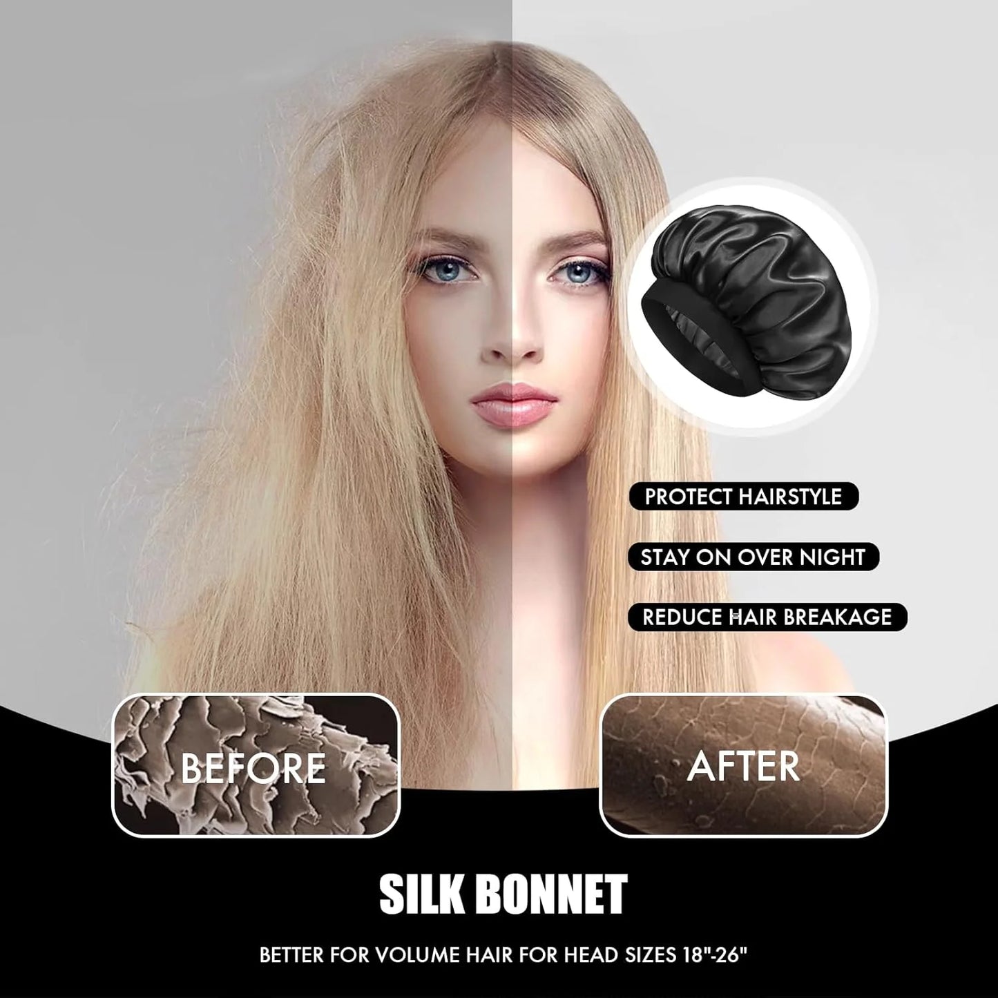 6 Pack Satin Bonnet Hair Bonnet for Sleeping, Sleep Bonnets for Women Large Wide Soft Band Sleep Cap for Curly Hair Braids, Black