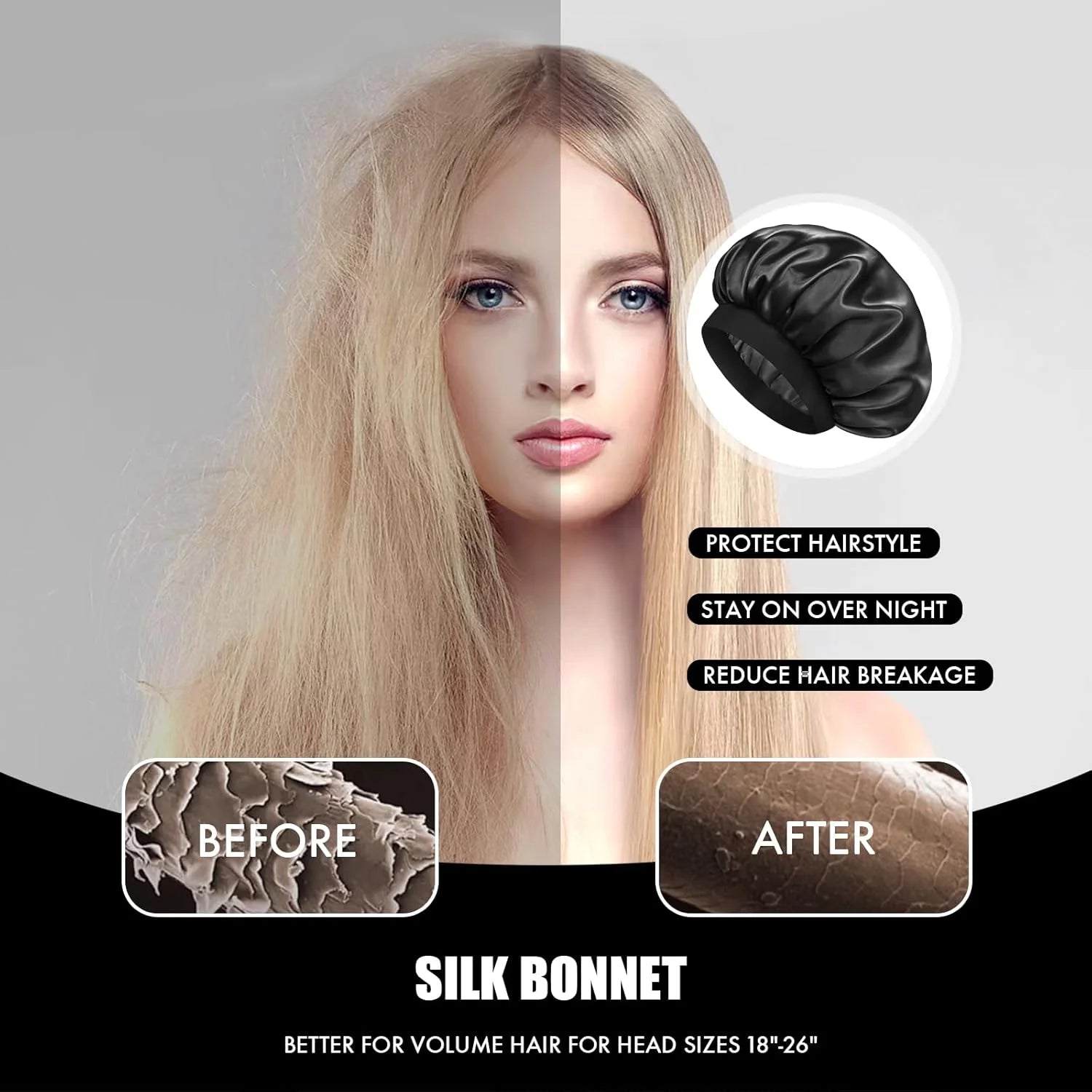 6 Pack Satin Bonnet Hair Bonnet for Sleeping, Sleep Bonnets for Women Large Wide Soft Band Sleep Cap for Curly Hair Braids, Black