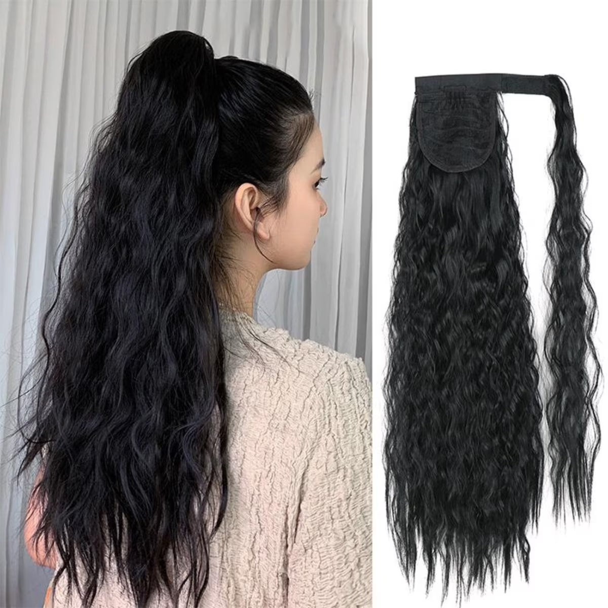 Messy Bun Hair Piece for Women 22" Long Curly Ponytail Extension Hairband Hair Clip Synthetic Puffy Ponytail Hair Extension Wrapped Bun Women'S Wig-Black