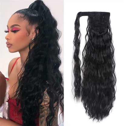 Messy Bun Hair Piece for Women 22" Long Curly Ponytail Extension Hairband Hair Clip Synthetic Puffy Ponytail Hair Extension Wrapped Bun Women'S Wig-Black