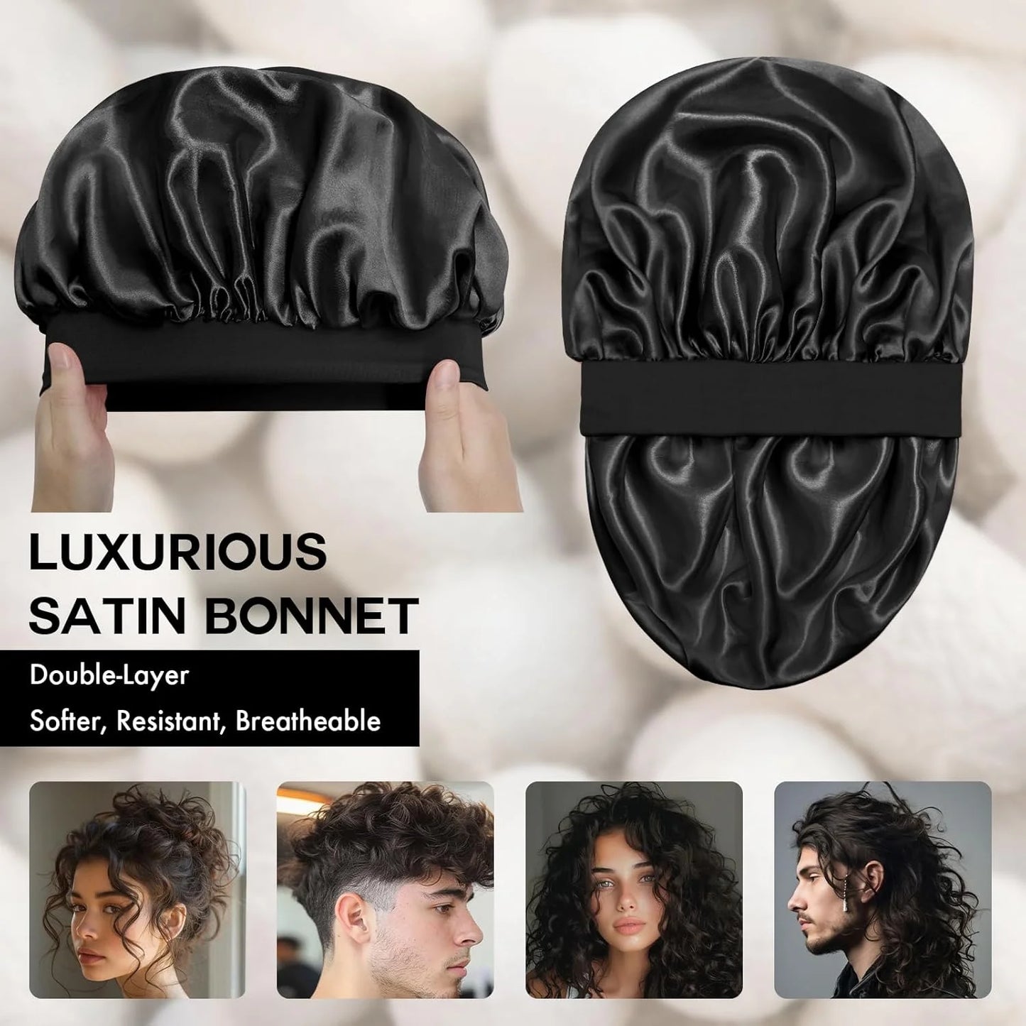 6 Pack Satin Bonnet Hair Bonnet for Sleeping, Sleep Bonnets for Women Large Wide Soft Band Sleep Cap for Curly Hair Braids, Black