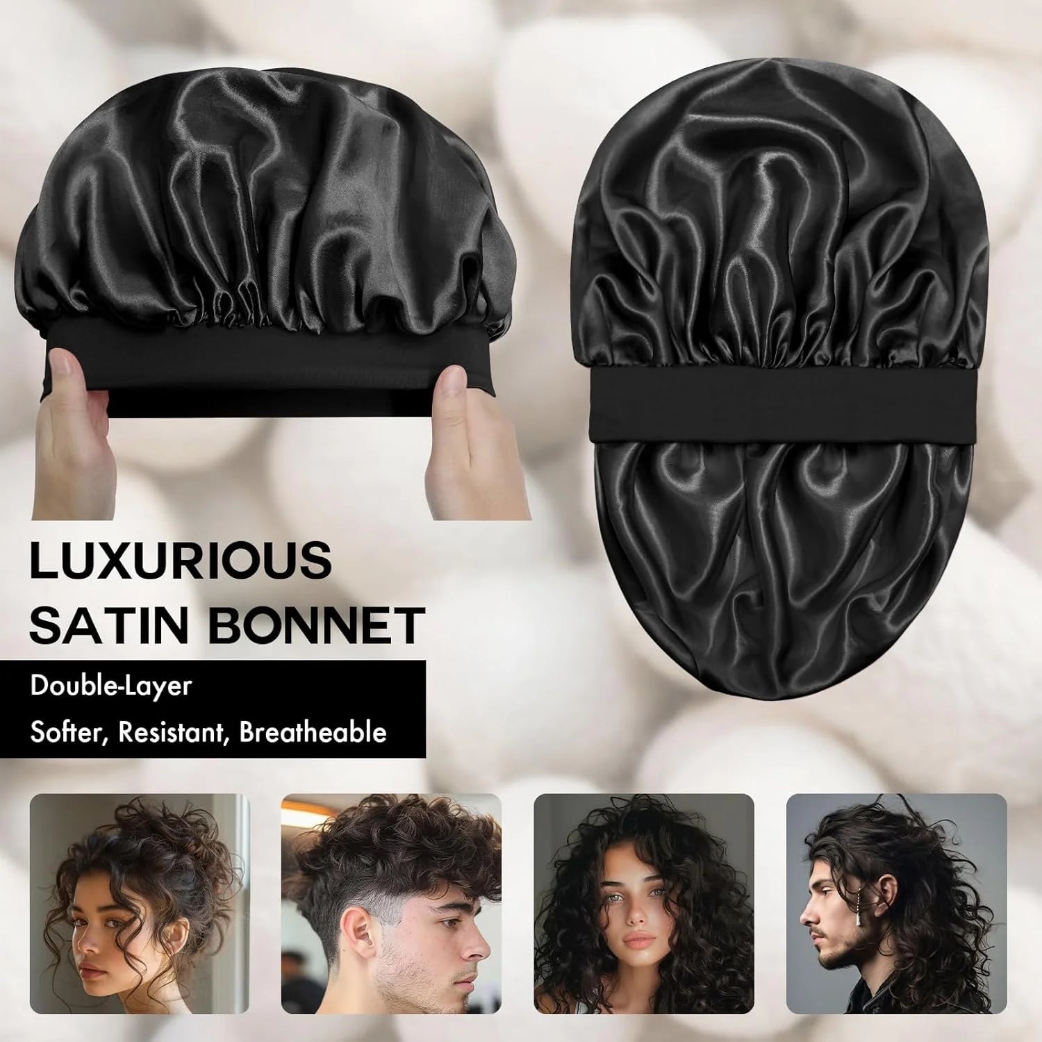 6 Pack Satin Bonnet Hair Bonnet for Sleeping, Sleep Bonnets for Women Large Wide Soft Band Sleep Cap for Curly Hair Braids, Black