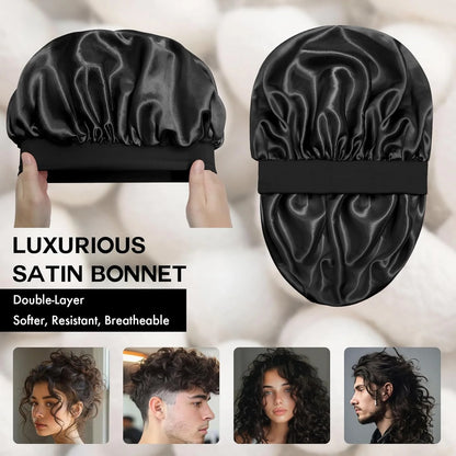 6 Pack Satin Bonnet Hair Bonnet for Sleeping, Sleep Bonnets for Women Large Wide Soft Band Sleep Cap for Curly Hair Braids, Black