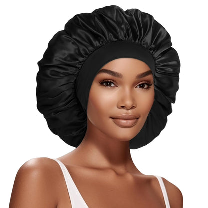 6 Pack Satin Bonnet Hair Bonnet for Sleeping, Sleep Bonnets for Women Large Wide Soft Band Sleep Cap for Curly Hair Braids, Black