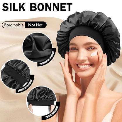 6 Pack Satin Bonnet Hair Bonnet for Sleeping, Sleep Bonnets for Women Large Wide Soft Band Sleep Cap for Curly Hair Braids, Black