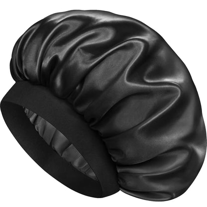6 Pack Satin Bonnet Hair Bonnet for Sleeping, Sleep Bonnets for Women Large Wide Soft Band Sleep Cap for Curly Hair Braids, Black